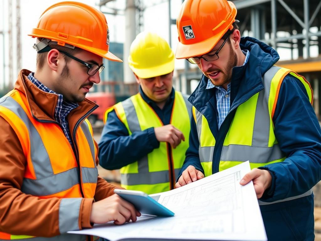 Construction engineers in hi-vis vests reviewing project drawings on site