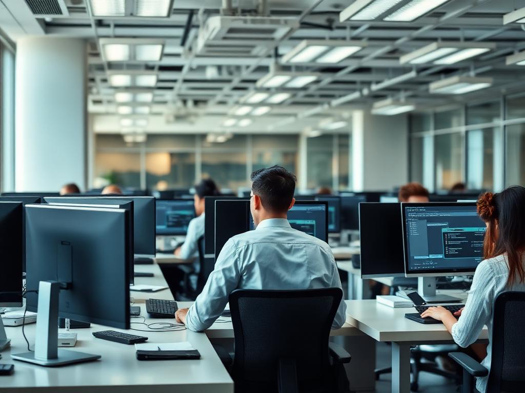 Enterprise back-office team working at desks with monitors