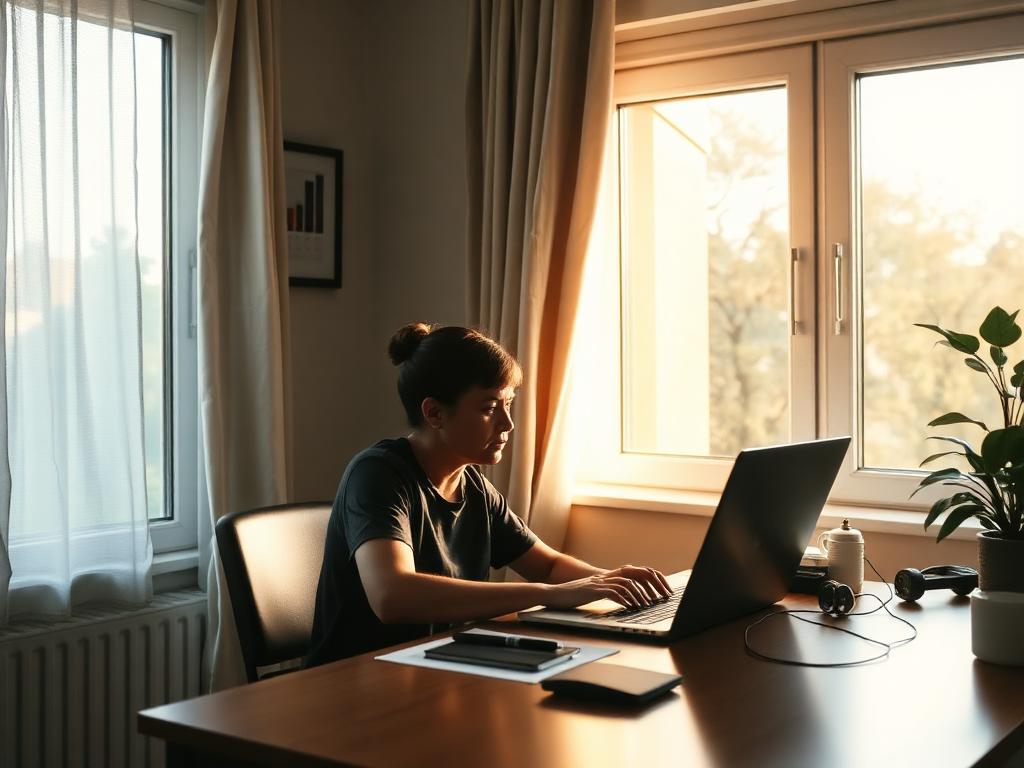 Individual working privately at a home desk with a laptop